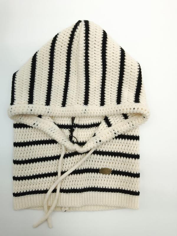 Kremowo-czarny sweter hoodie z dzianiny szydełkowej w paski ze sznurkiem regulacyjnym