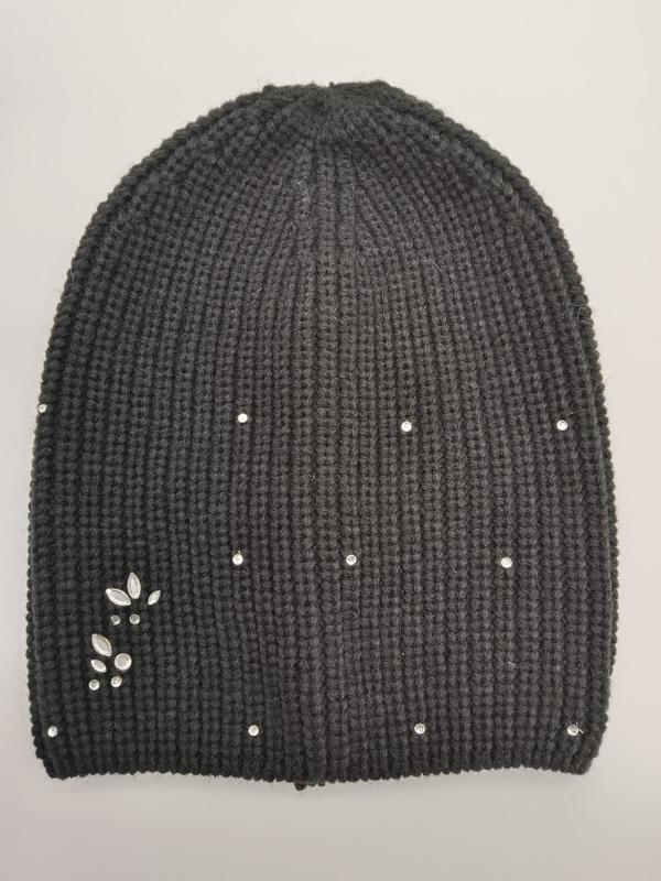 Ciemnoszara prążkowana czapka beanie z kryształowymi zdobieniami rhinestone