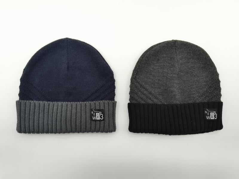 Dwukolorowa dzianinowa czapka beanie z prążkowanym mankietem, granatowo-antracytowa