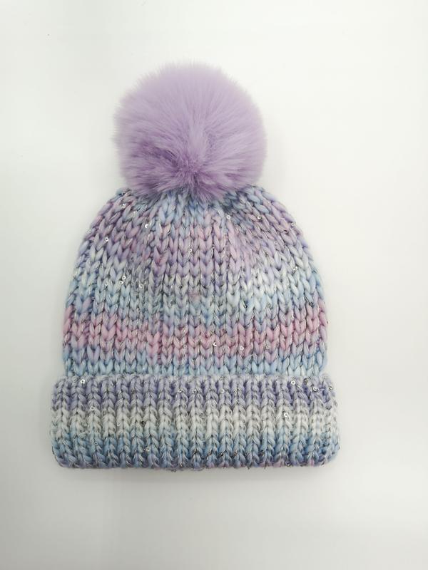 Kolorowa czapka beanie z grubym splotem, pomponem i cekinami w pastelowych odcieniach.