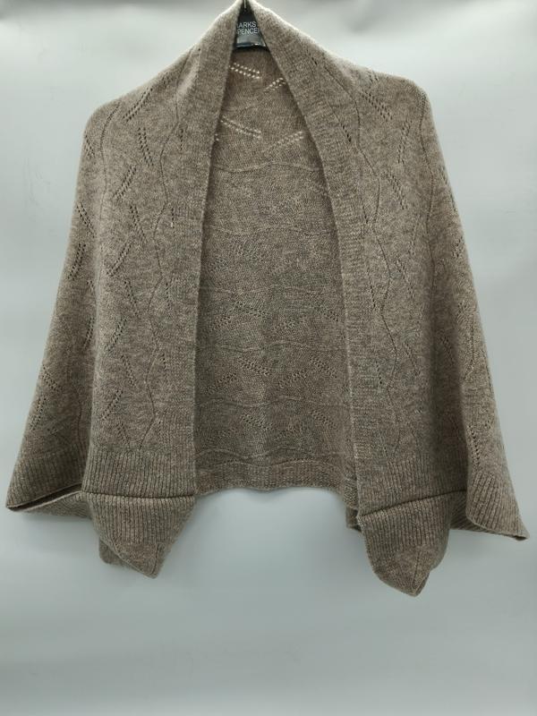 Sweter kardigan shrug z dzianiny pointelle w kolorze taupe, otwarty z przodu